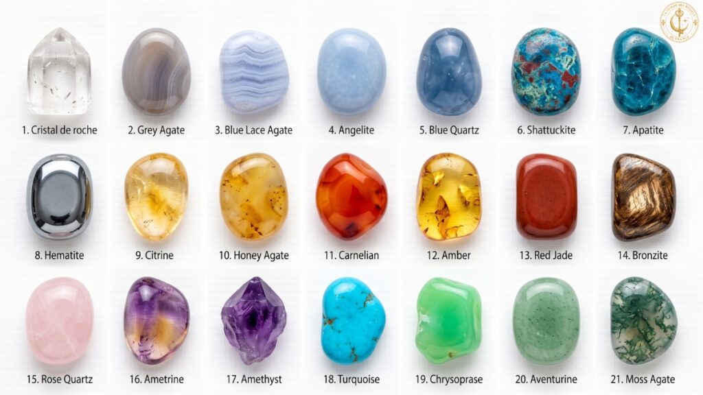 Lithothérapie : tableau visuel des 21 pierres naturelles et cristaux de référence, incluant améthyste, quartz, citrine, hématite et turquoise.