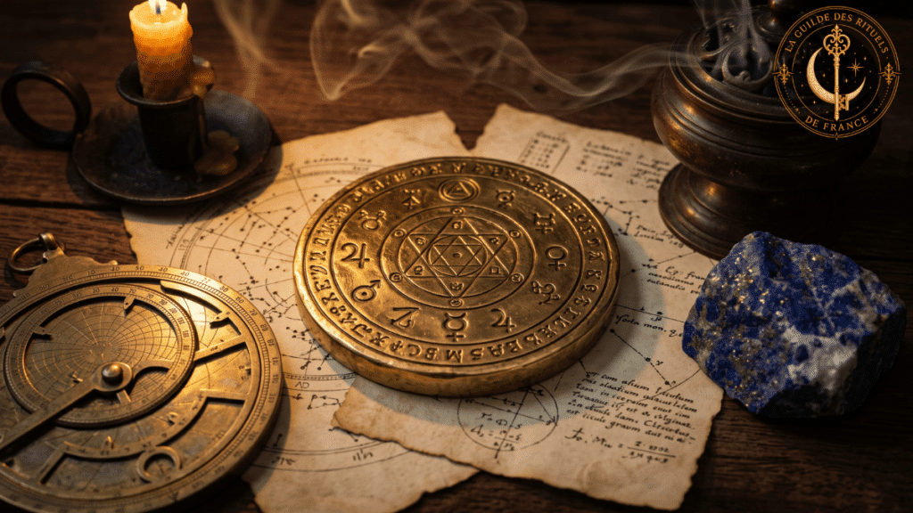 Talismans et consécration hermétique sur autel avec parchemin astrologique et sceaux planétaires