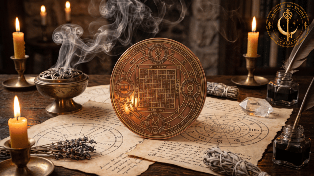 Talismans en métal gravé et symboles astrologiques posés sur un autel de consécration ésotérique.