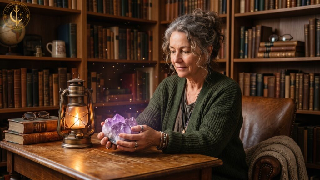 Pourquoi faire confiance à la Guilde ? 2 Un praticien bienveillant observant un cristal lumineux sous la douce lumière d'une lanterne dans une bibliothèque.